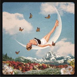 a pin up girl sprawled across a moon in the clouds